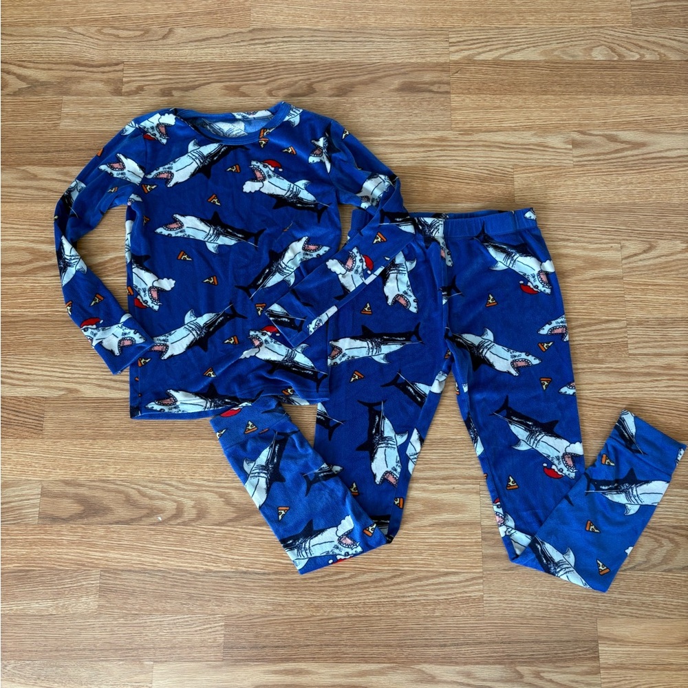 Cat & Jack Boys Blue Shark Pajama Set Sz 12 In Great Condition